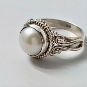 Vintage Pearl Ring 925 Silver Plated Exquisitely Carving Craft